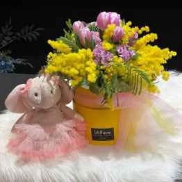 Flowerbox con mimosa e tulipani con pelouche elefantina portafortuna